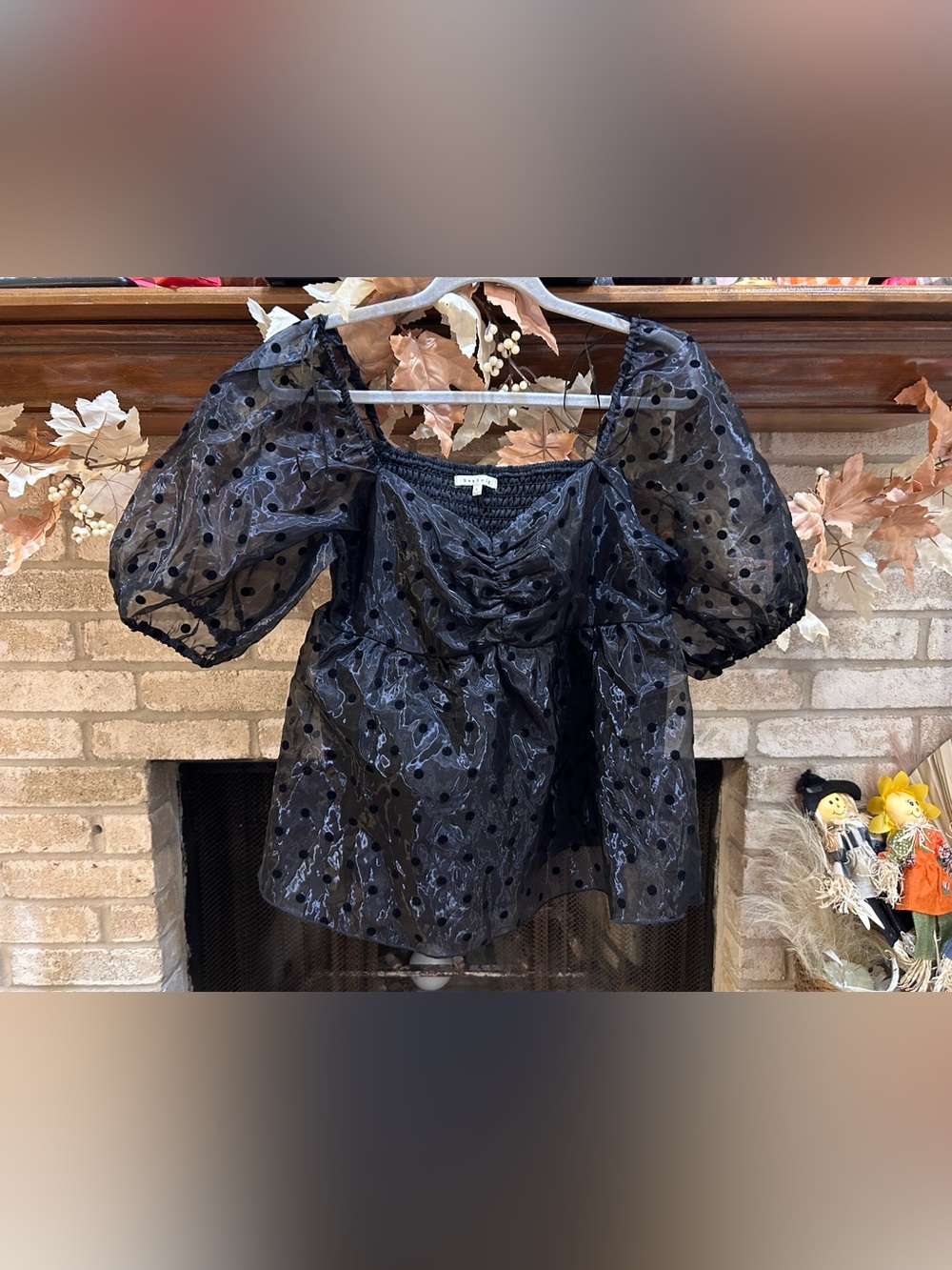Black Polka Dot Puff Sleeve Sheer Blouse EUC